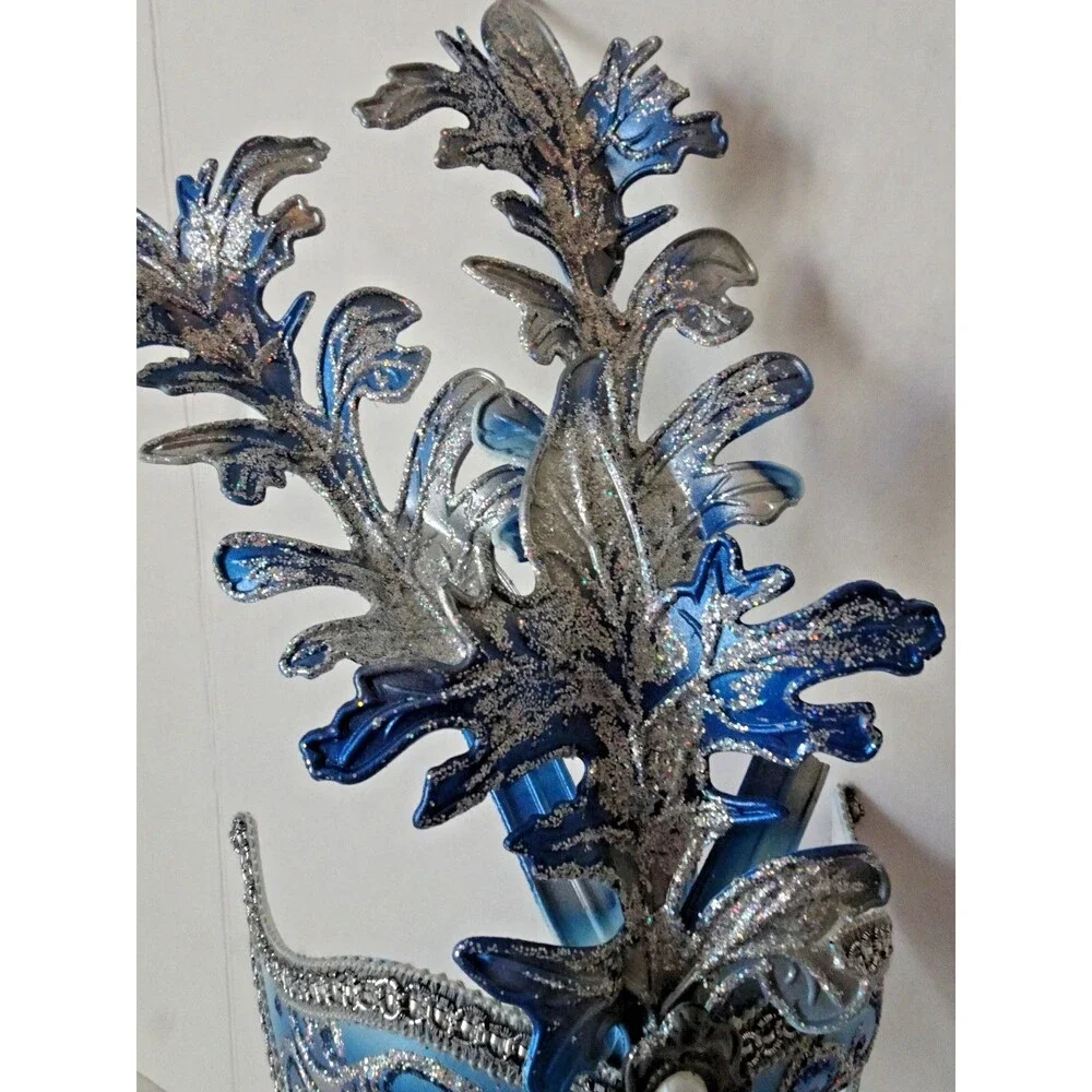 Beautiful Venetian Hand Painted Mask Venice Blue Masquerade with Handle Dated